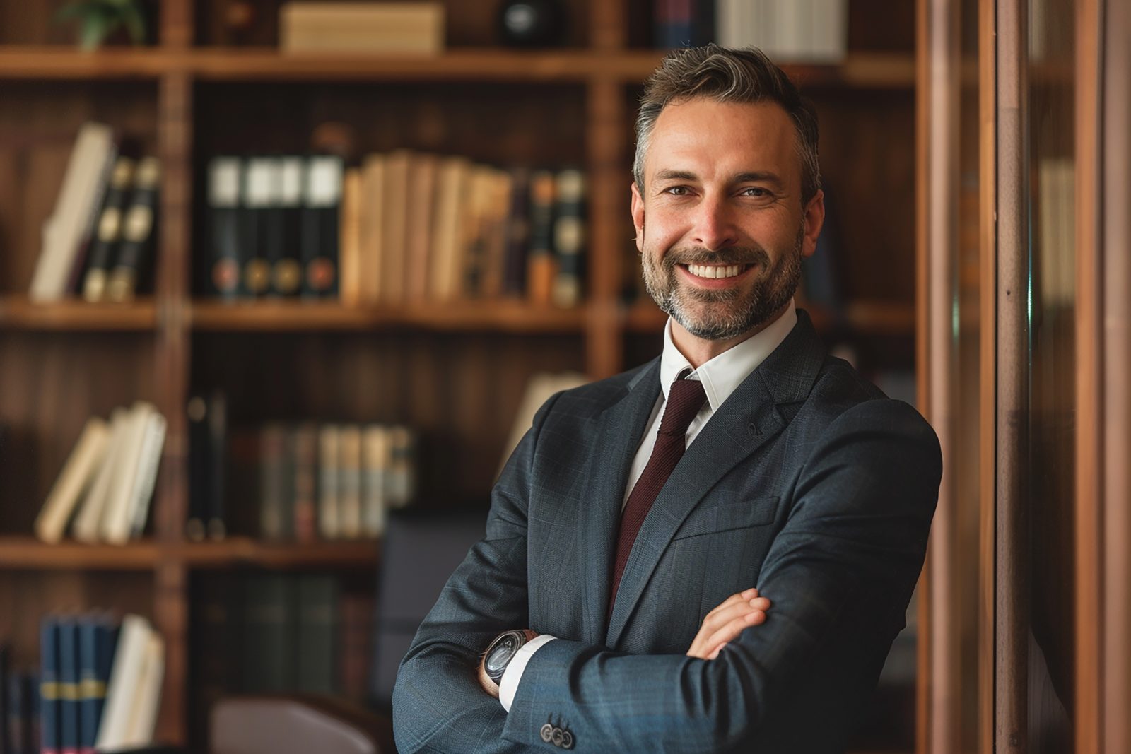 Advogado sorridente em escritório jurídico, transmitindo a segurança de uma representação judicial qualificada.