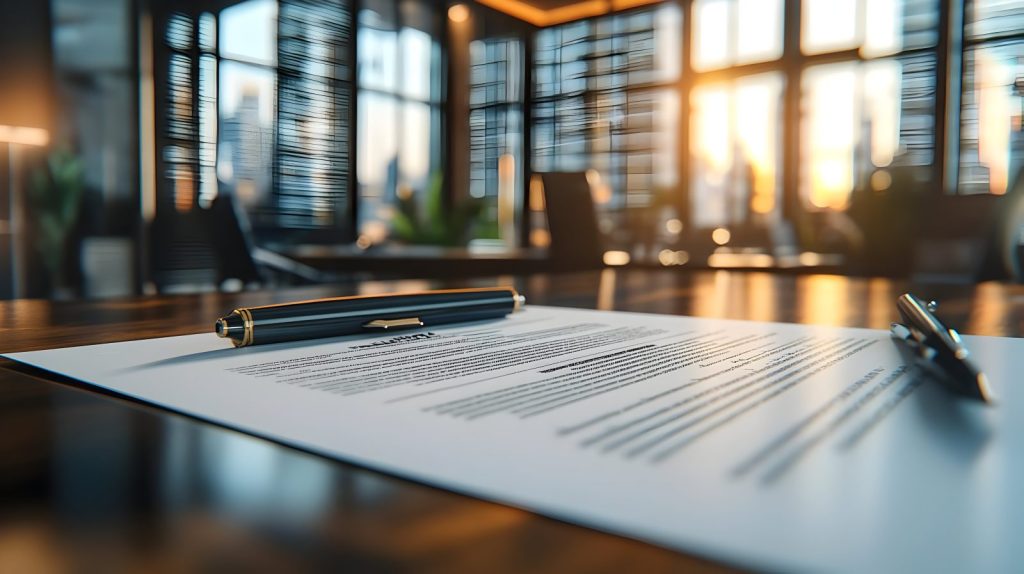 Contrato sobre mesa de escritório ao entardecer, representando a atuação de advogados especializados em direito contratual.