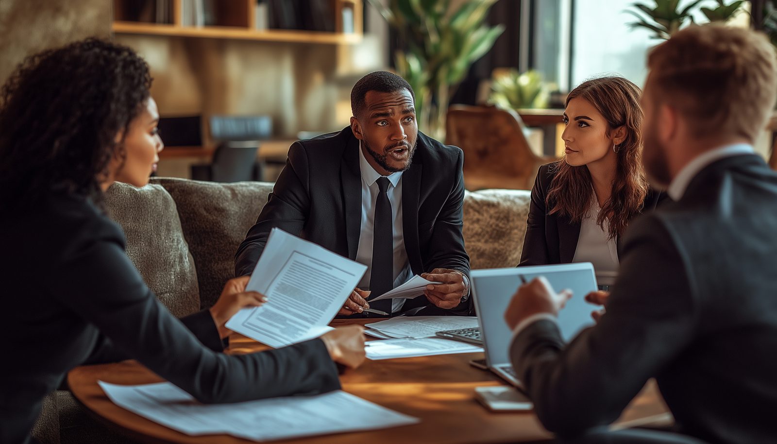Reunião de equipe com documentos contratuais, reforçando a importância de advogados especializados em direito contratual.